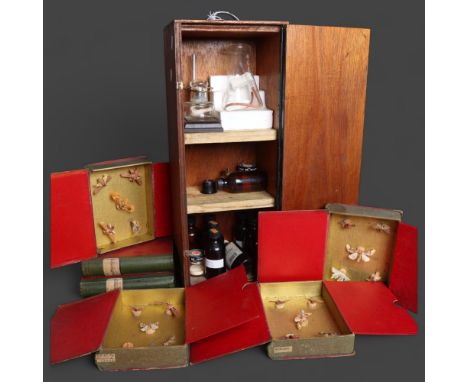 Collection of Entomological equipment. A vintage microscope case, custom fitted with shelves to contain equipment for killing