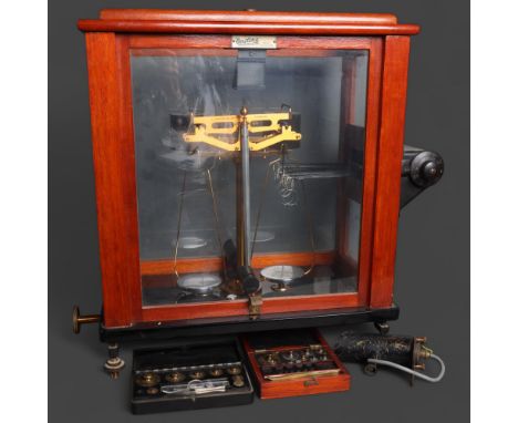 A mahogany-cased set of brass balance scales, by Gertling of London, on stand, together with 2 sets of cased brass weights, c