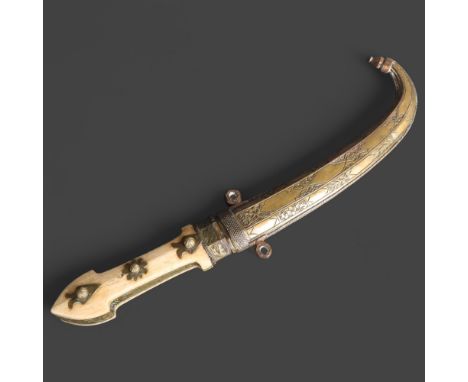 A Moroccan Jambiya and scabbard, with bone and brass inlaid handle, knife length 29cm.