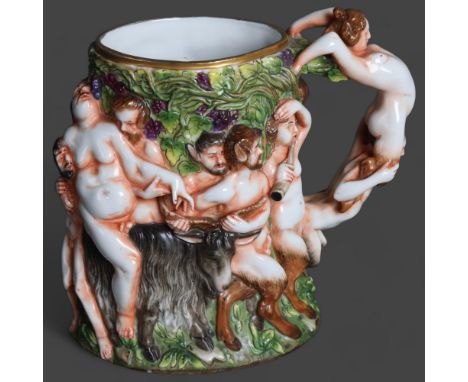 Curiosity/Macabre: a ceramic neoclassical style jug, Naples, decorated with erotic figures/scene, makers mark to base, height