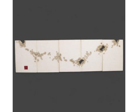 A polished cement wall hanging sculpture, comprising 5 panels depicting a bullet strafed wall, the first with an intaglio sea
