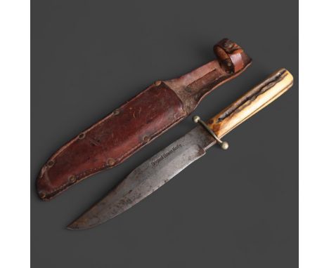 An original Bowie knife, with horn handle and brown leather scabbard, knife length 30cm.