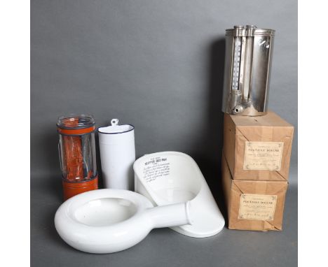 A vintage slipper bed pan, a ceramic ben pan urinal, a wall temperature gauge, two boxed portable douche, etc.