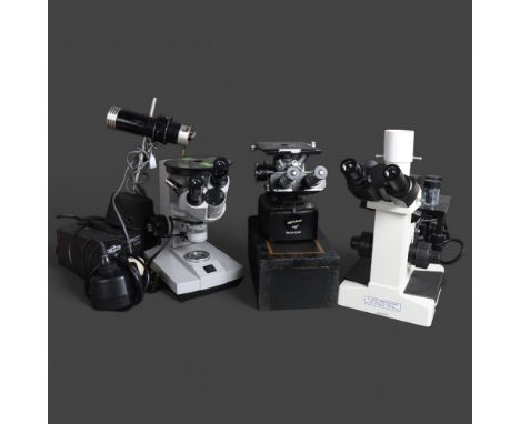 A group of vintage microscopes including, A G Trust microscope, inverted laboratory microscope with associated transformer, w