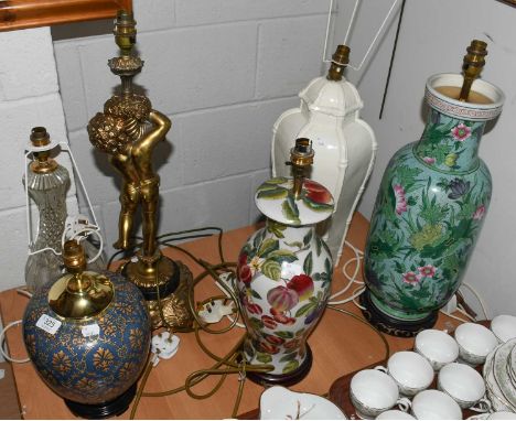 A modern Chinese famille vert table lamp, together with a similar example decorated with peaches, a blanc de chine hexagonal 