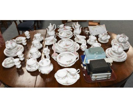 An extensive Royal Albert Moss Rose pattern dinner, tea and coffee service, to include: 3 tureens, 2 coffee pots, teapot, pai