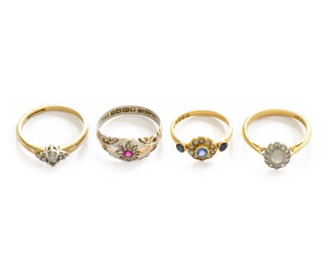 A 9 carat gold aquamarine and diamond ring, finger size P; an 18 carat gold sapphire and split pearl ring, finger size J; an 