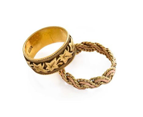 An 18 carat gold textured band ring, finger size K; a 9 carat gold textured band ring, finger size N1/218 carat gold ring - o