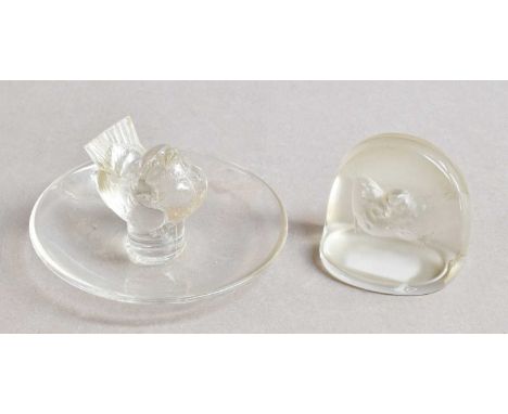René Lalique (French, 1860-1945): A Clear and Frosted Glass Pinons Menu Holder, designed 1924, moulded with a pair of finches