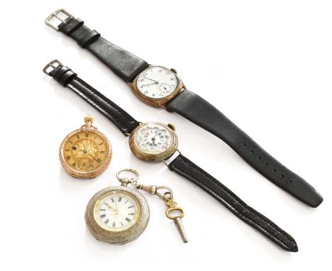 A silver cushion shaped enamel dial wristwatch, a lady's silver J.W.Benson enamel dial wristwatch, a lady's fob watch with ca