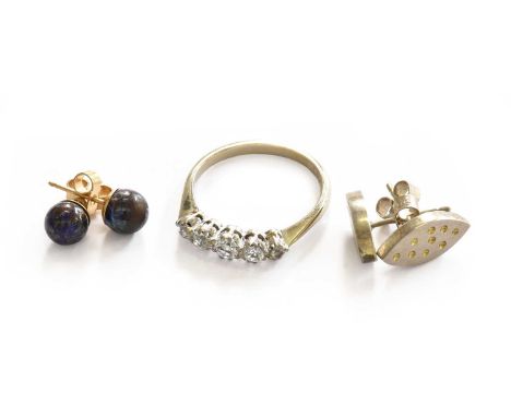 A white stone five stone ring, stamped '18CT', finger size N; a pair of opal matrix earrings, stamped '375', with post fittin