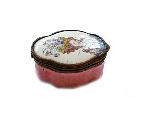An 18th century South Staffordshire enamel quatrefoil box, pink-ground and painted to the top with fashionable maiden with a 