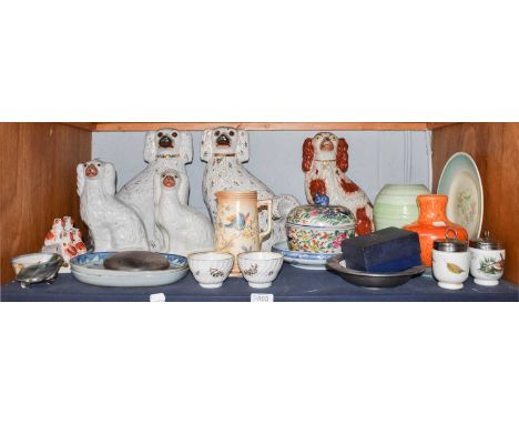 A Susie Cooper Crown Works charger, seven Victorian Staffordshire King Charles spaniels, two 18th century English porcelain w