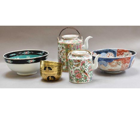 A Japanese Meiji period Kutani charger, an Imari bowl, a similar Chinese polychrome example, two Cantonese kettles and a pair