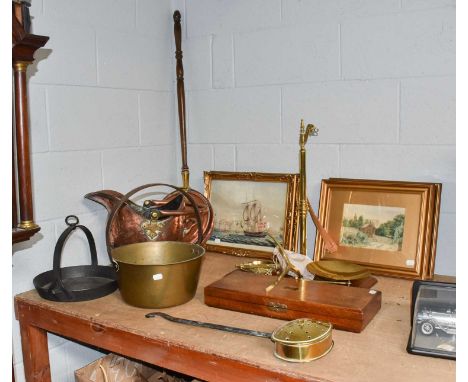 A set of fire tools on stand, a copper warming pan, a coal helmet, a chestnut pan, a jam pan, a skillet, brass scales on a ma