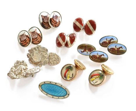 Five pairs of silver and gilt cufflinks; and an enamel brooch, length 2.9cm