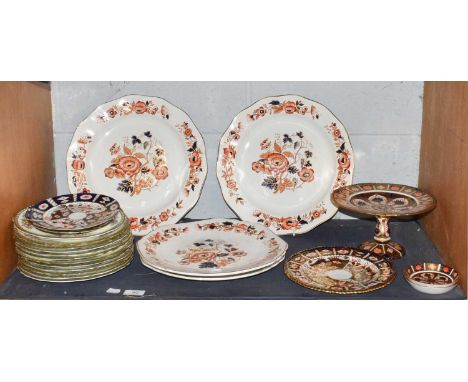 A Royal Crown Derby Imari tazza, a pair of similar pin dishes and an Old Imari plate, together with two pairs of Wedgwood 'Ol