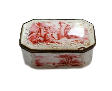 An 18th century enamel box and cover of canted rectangular form, painted in puce with Watteausque scenes under raised white e