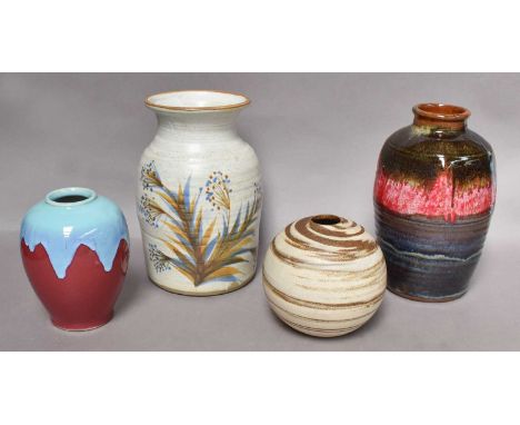 A collection of 20th century stone and earthenware studio vases, bowls, and charger, together with a green art glass vase