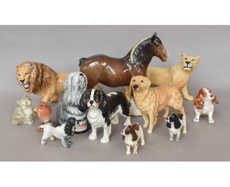 A Beswick shire horse, lion, lioness and Spaniel models etc, together with a Royal Doulton Dulux dog and other spaniels etc (