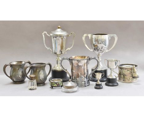 A quantity of silver plated items including a 19th century loving cup, together with two small silver trophies and a Continen