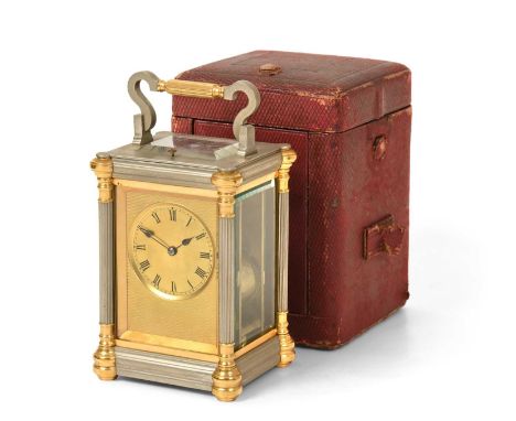 A brass and silver gilt striking and repeating carriage clock, signed Drocourt, circa 1890, carrying handle and repeat button