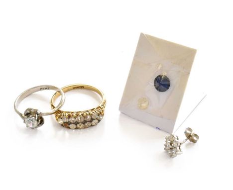 A diamond cluster ring, finger size M (one diamond deficient, but present); a singled 18 carat white gold diamond cluster ear