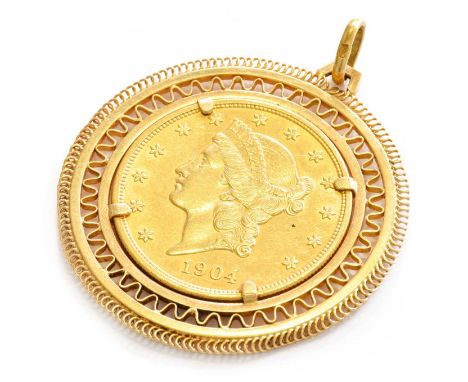 A 20 dollar coin, dated 1904 mounted as a pendant, length 6.0cmPendant bale stamped '750'. Gross weight 45.5 grams.