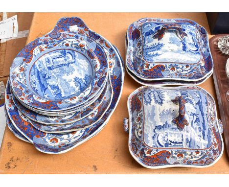 A Spode Italian Landscape pattern part service embellished with red enamel, comprising two tureens and covers, a square servi