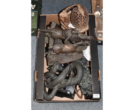 Composite figures, an Oriental wooden figure, and three bakelite rotary dial telephones
