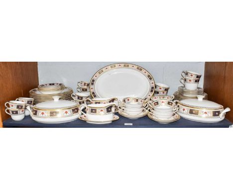 A Royal Crown Derby ''Derby Border'' dinner service, including: 13 dinner plates, 2 tureens and covers, 6 soup bowls and sauc