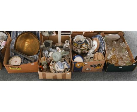 Five boxes of assorted ceramics and glass, including: early 19th century blue transfer printed meat dishes, Radford pottery v