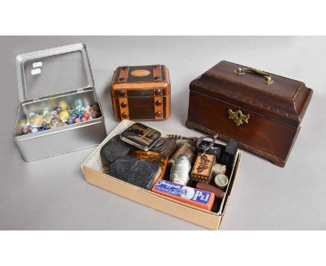 A Georgian mahogany tea caddy, assorted 19th century snuff boxes including Tunbridge inlaid example, marbles etc