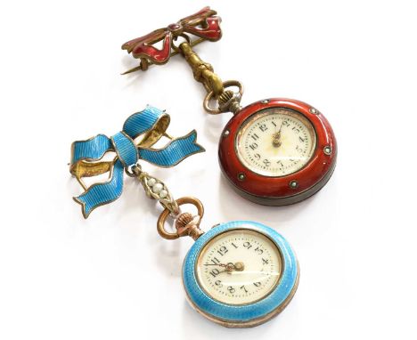 Two lady's enamel fob watches, both with attached enamel bow brooches, one with its fitted caseBlue enamel fob watch with ena