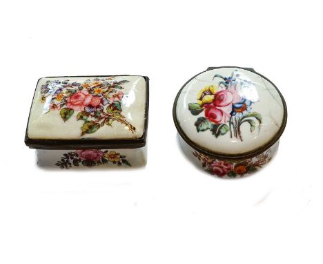 An 18th century Birmingham enamel box of circular form, the hinged cover and base painted with flowers, together with another