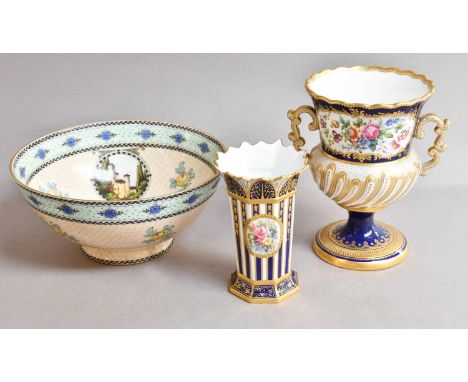 A Royal Crown Derby vase (a/f), Copeland vase and a Royal Worcester bowl (3)Royal Crown Derby vase, with two sections of rest