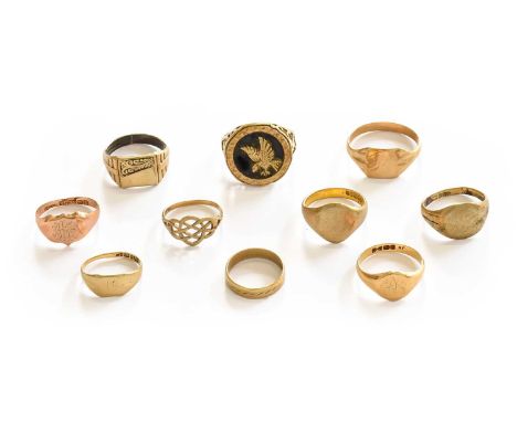 An 18 carat gold signet ring, finger size R; seven 9 carat gold rings (some a.f.); an unmarked signet ring; and a silver gilt