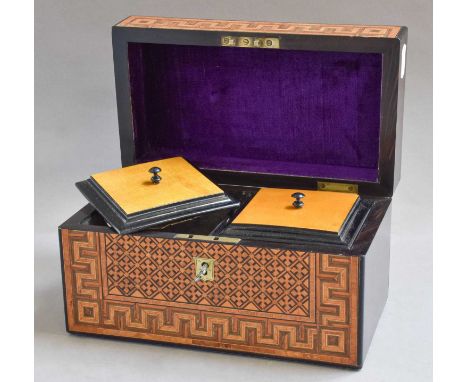 A 19th century coromandel tea caddy with parquetry inlay and brass escutcheon, the internal satinwood covers with ebonised ed