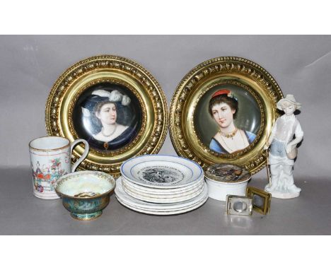 A pair of early 20th century German porcelain portrait plaques in gilt brass frames, together with a Wedgwood Dragon lustre b