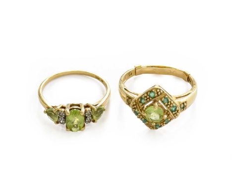 A peridot and emerald cluster ring, stamped '10K', finger size P (approximately, sizing band fitted); and a 9 carat gold peri