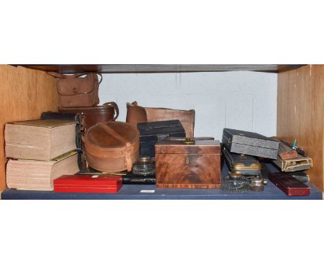 A 19th century mahogany tea caddy; a quantity of drawing instruments, folding cameras, binoculars, glover stretchers and case