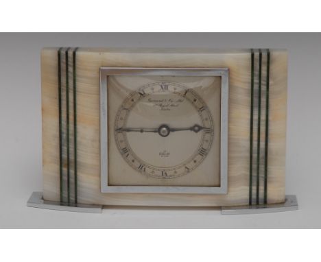 An Art Deco style Elliot onyx mantel clock, applied with malachite banding, chrome mounted, the silvered dial with Roman nume