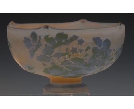 A Galle pedestal  cameo bowl, overall in in light blue and green with clematis and foliage, on a mottled ground, the rim rais