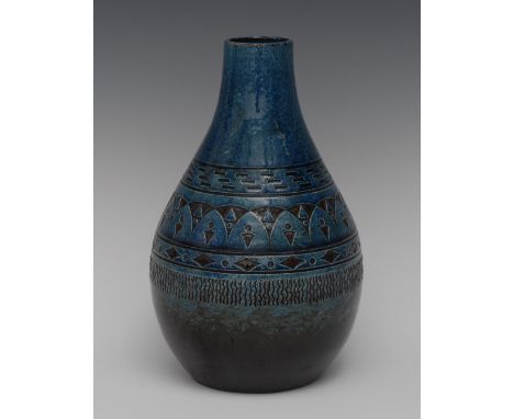 A Linthorpe Art Pottery ovoid vase, after a design by Christopher Dresser, incised with bands of geometric shapes, lozenges a