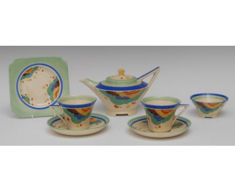 A Royal Doulton Caylee pattern tea for two, comprising conical teapot, two cups and saucers, sugar bowl and one side plate, p