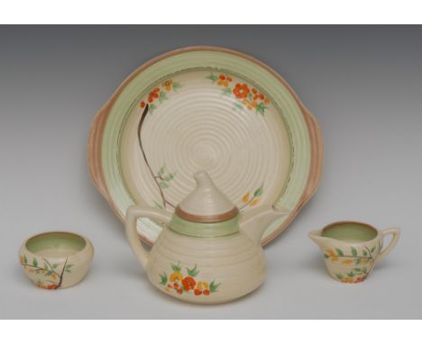 A Clarice Cliff ribbed conical Lynton shape teapot and cover, hand painted with small flowers in shades of yellow and orange 
