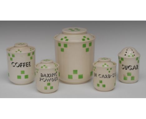 A TG Green Checkers pattern cylindrical storage jar and cover, transfer printed with green squares on a cream ground, 18cm hi