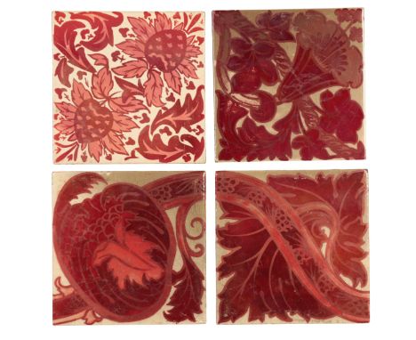 MANNER OF WILLIAM DE MORGAN (1839-1917): A COLLECTION OF FOUR RED LUSTRE TILES OF FLOWER, FRUITS AND FOLIAGE&nbsp;the largest