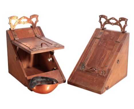 A PAIR OF ARTS AND CRAFTS COAL SCUTTLES CONVERTED TO LAMP FITTINGSthe triangular oak boxes with applied hammered copper strap