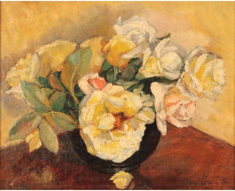 *STUART SCOTT SOMERVILLE (1908-1993) 'Yellow Roses' still life study, signed lower right, titled verso, oil on canvas, 33cm x